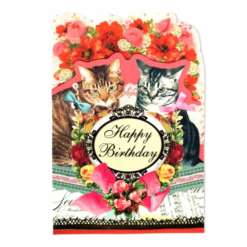 ANTIQUE 【誕生日】 キャット 箔押し・ラメ付き グリーティングカード （猫2匹×薔薇×レッド）