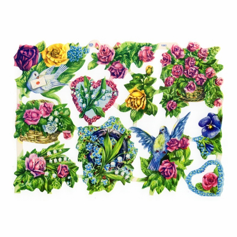 イギリス製 クロモス スクラップシート （薔薇に囲まれた鳩）