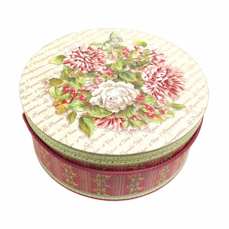 Punch Studio ラウンド 大型 ボックス Lサイズ （薔薇×蝶×ホワイト） 持ち紐付き