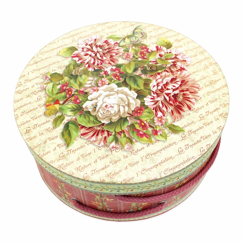 Punch Studio ラウンド 大型 ボックス Sサイズ （薔薇×蝶×ホワイト） 持ち紐付き