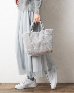 フェイクファーフリルハンドルバッグ＆ポーチセット|■GOODS