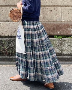 【Canaria Style】《即納》チェックティアード切替フレアースカート（インナースカート付き）|BOTTOMS