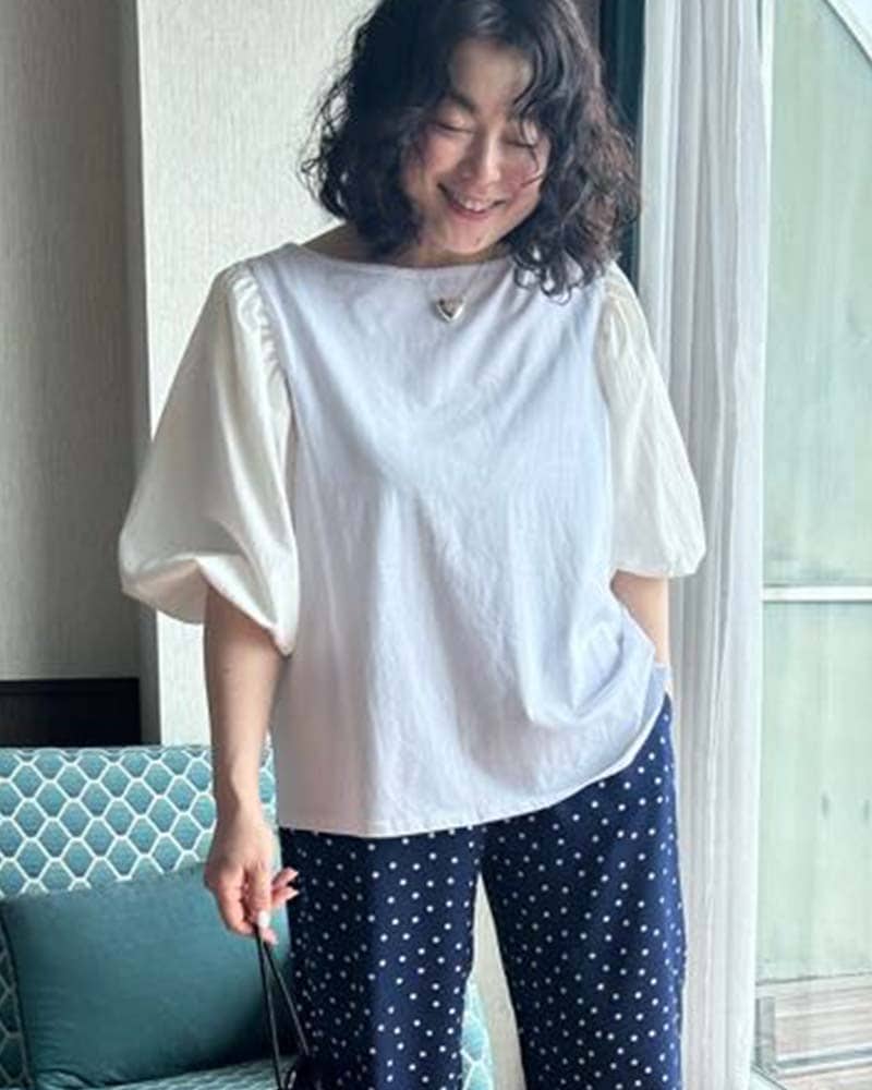 otostyle】ソフトダンボールニットパフスリーブボートネックプル