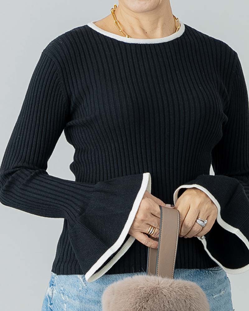 【YOKO ISHIBASHI】フレアスリーブバイカラーリブニット