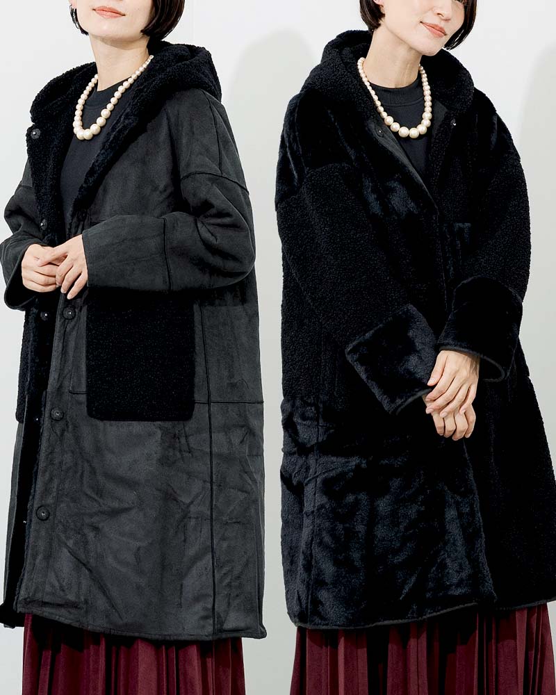 パッチワークリバーシブルフェイクムートンコート