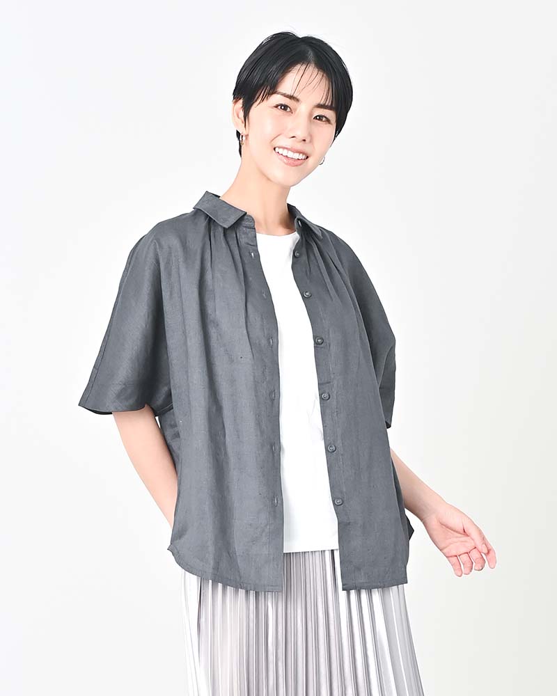 美品 45R リネン100% レギュラーカラー ギャザー 半袖シャツ◆ブルー cf-223hf707-cjek-1.jpg