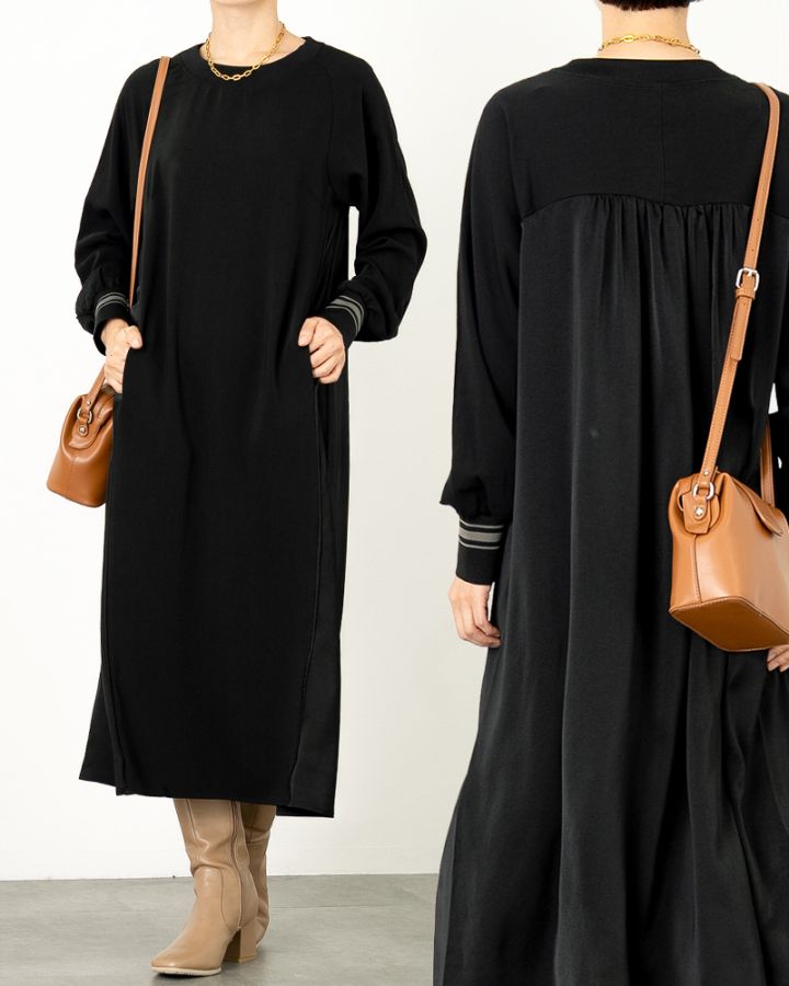 異素材切り替えバックギャザーワンピース