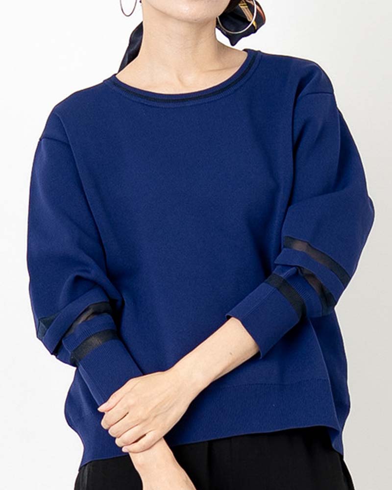 袖シアー切り替えミラノリブプルオーバー