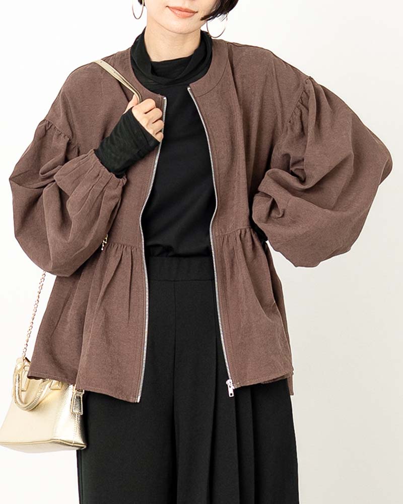 ピーチスキンボリュームスリーブペプラムブルゾン