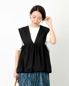 異素材切り替えバルーンペプラムベスト|TOPS