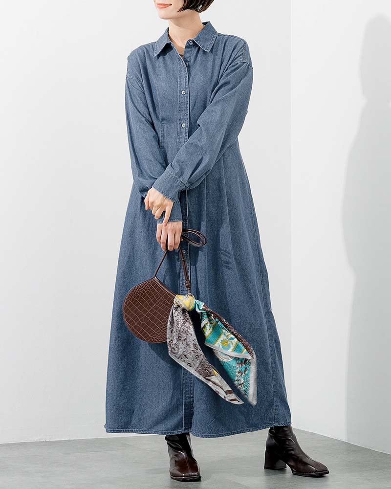 ウエストタックアクセントデニムシャツワンピース