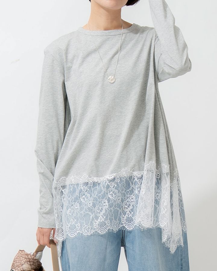 裾レース切り替えAライン天竺プルオーバー