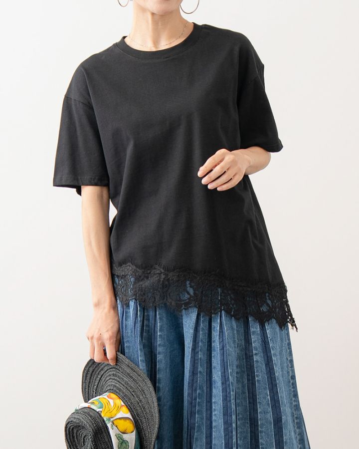 裾レーストリムアシンメトリーTシャツ