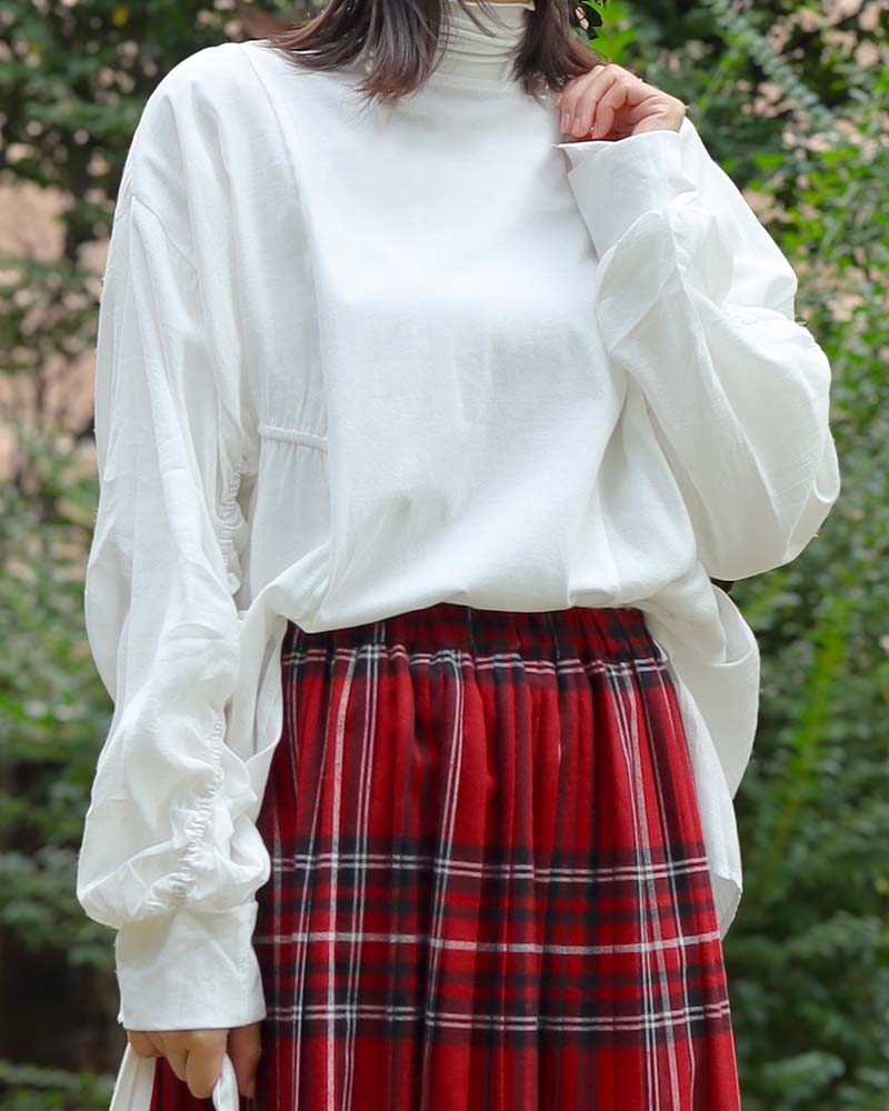 異素材切替ギャザースリーブプルオーバー