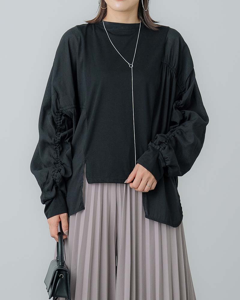 異素材切替ギャザースリーブプルオーバー