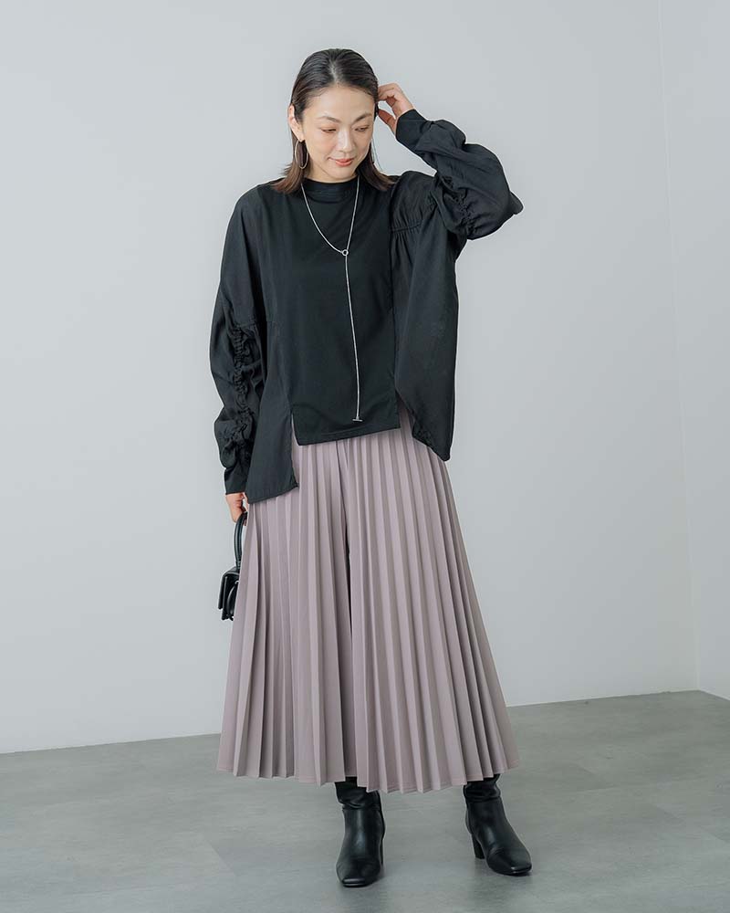 異素材切替ギャザースリーブプルオーバー