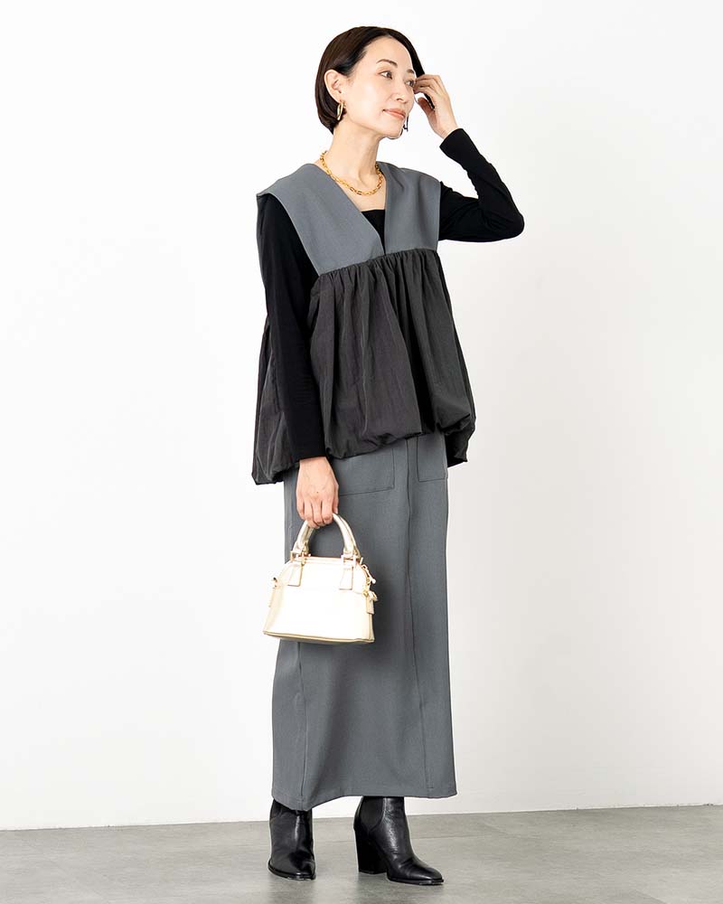 異素材切り替えバルーンペプラムベスト