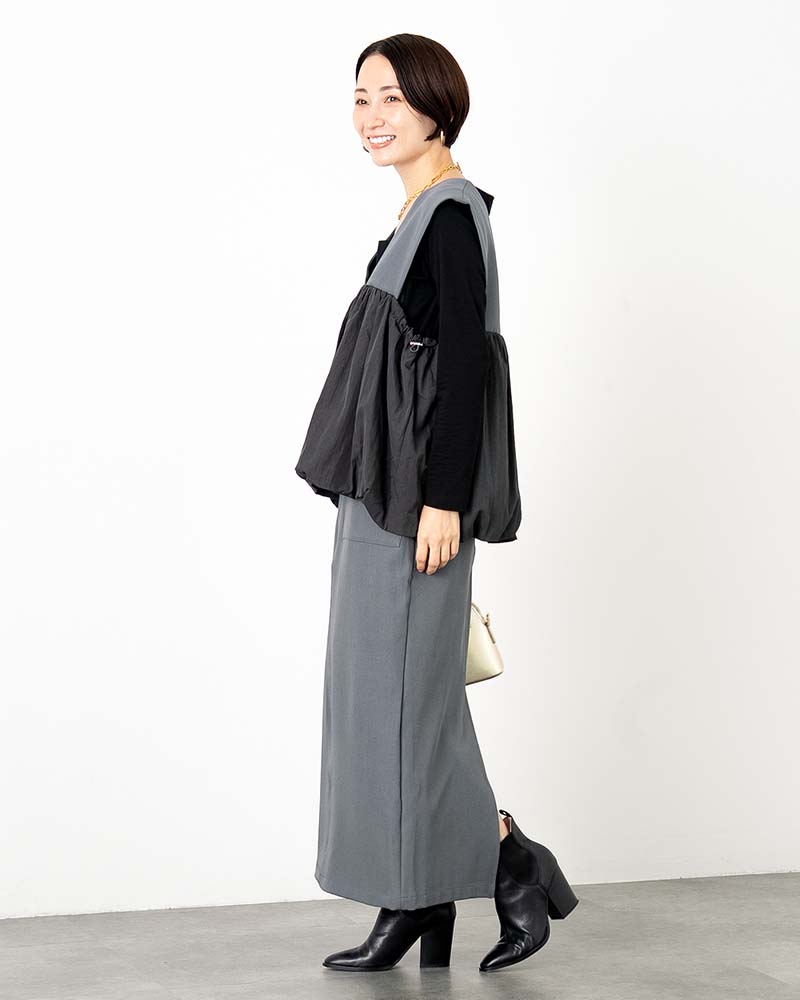 異素材切り替えバルーンペプラムベスト