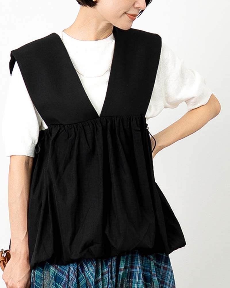 異素材切り替えバルーンペプラムベスト