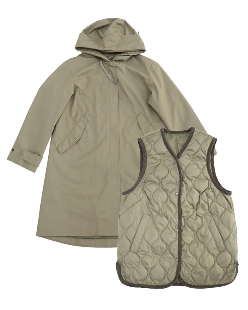 撥水防風ショールフーディーコート&ハイブリッドダウンベスト《2点