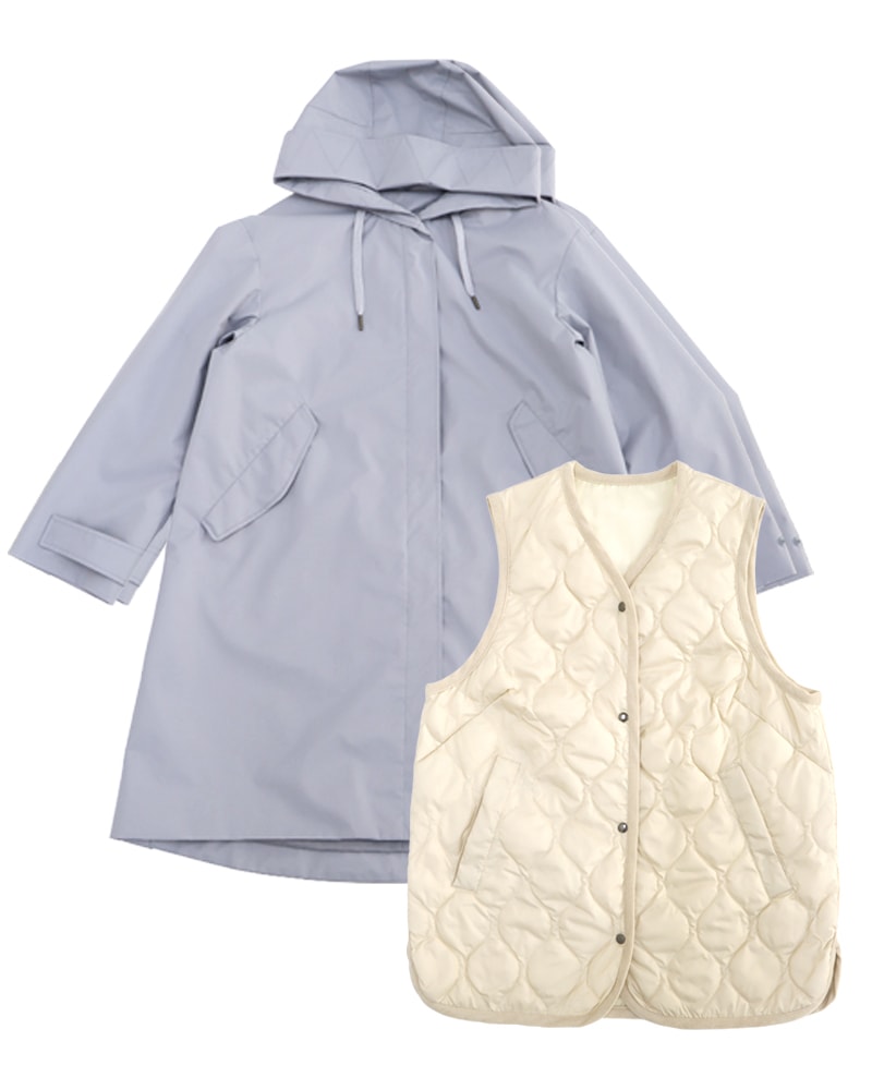 撥水防風ショールフーディーコート&ハイブリッドダウンベスト《2点