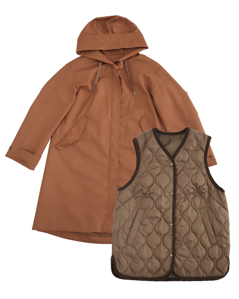 撥水防風ショールフーディーコート&ハイブリッドダウンベスト《2点