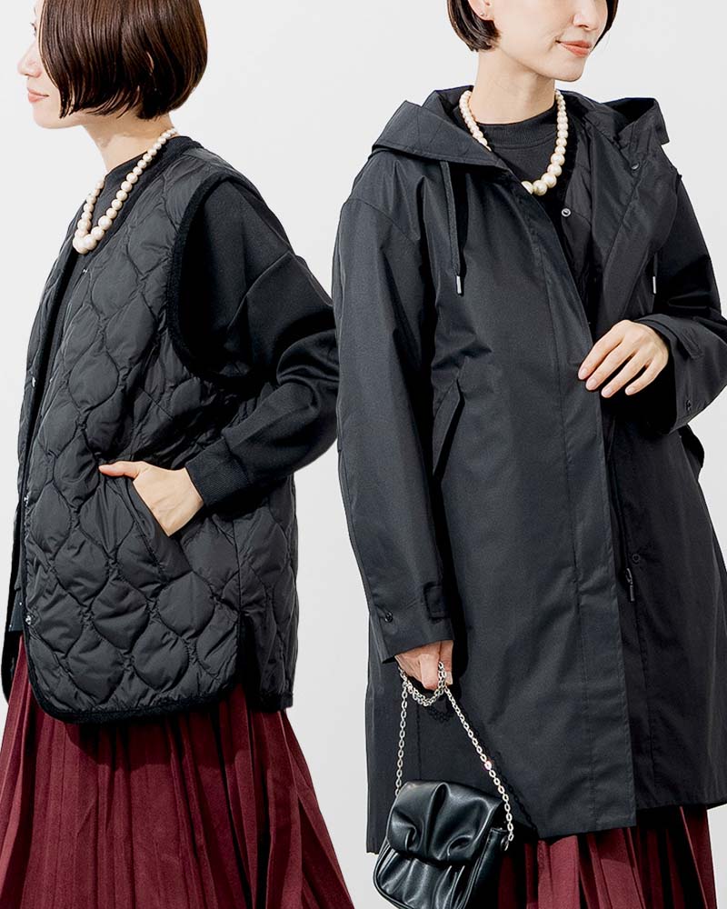 撥水防風ショールフーディーコート&ハイブリッドダウンベスト《2点