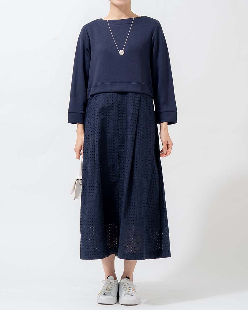 カットワーク刺繍レース切り替えAラインワンピース