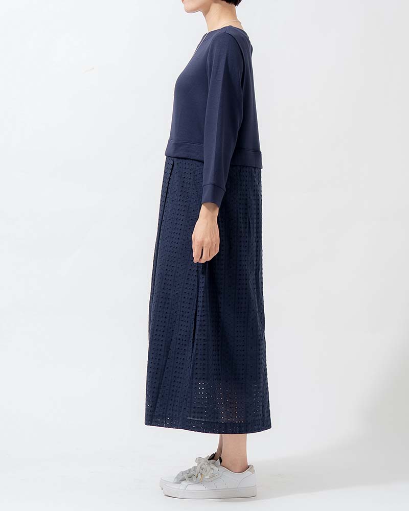 カットワーク刺繍レース切り替えAラインワンピース