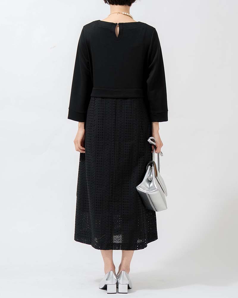 カットワーク刺繍レース切り替えAラインワンピース