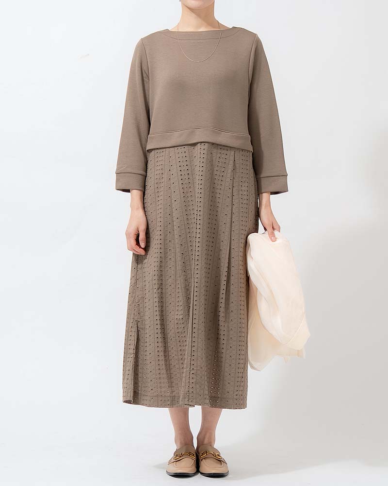 カットワーク刺繍レース切り替えAラインワンピース