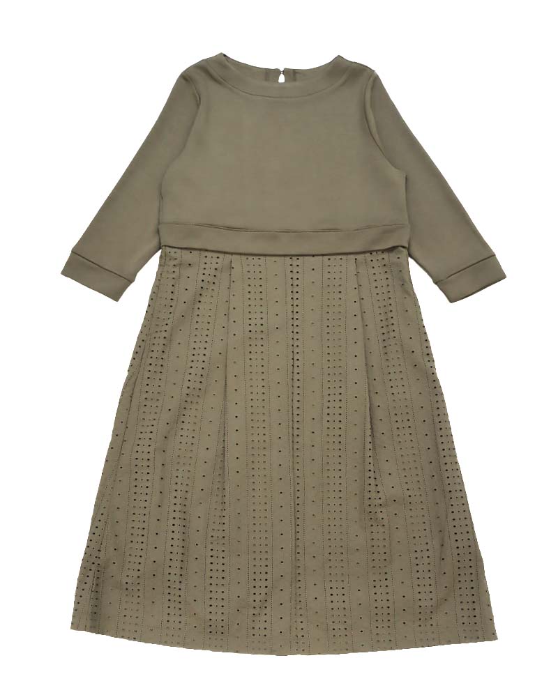 カットワーク刺繍レース切り替えAラインワンピース