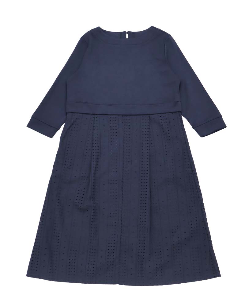 カットワーク刺繍レース切り替えAラインワンピース