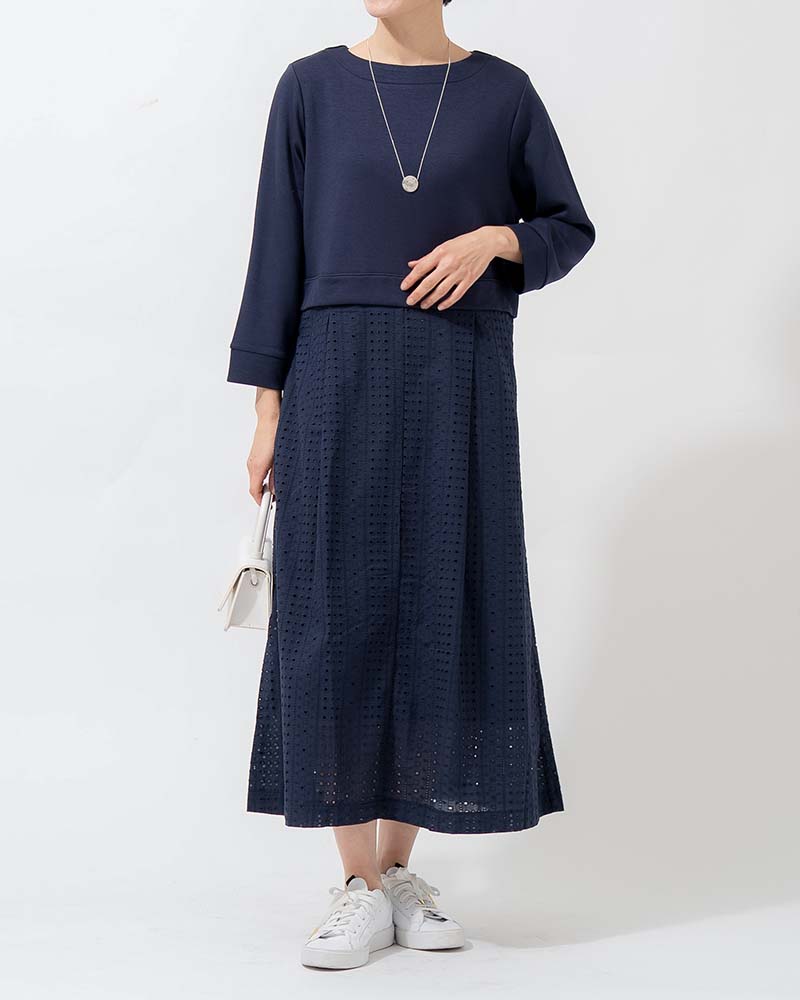 カットワーク刺繍レース切り替えAラインワンピース