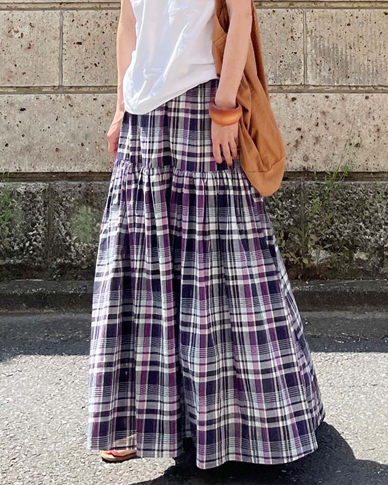 【Canaria Style】コットンリネンチェックギャザースカート