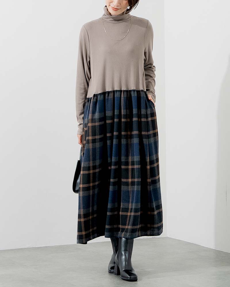 微起毛ハイネック＆ネルスカートドッキングワンピース