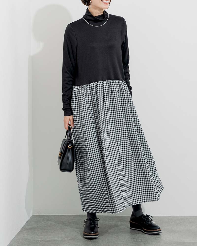 微起毛ハイネック＆ネルスカートドッキングワンピース