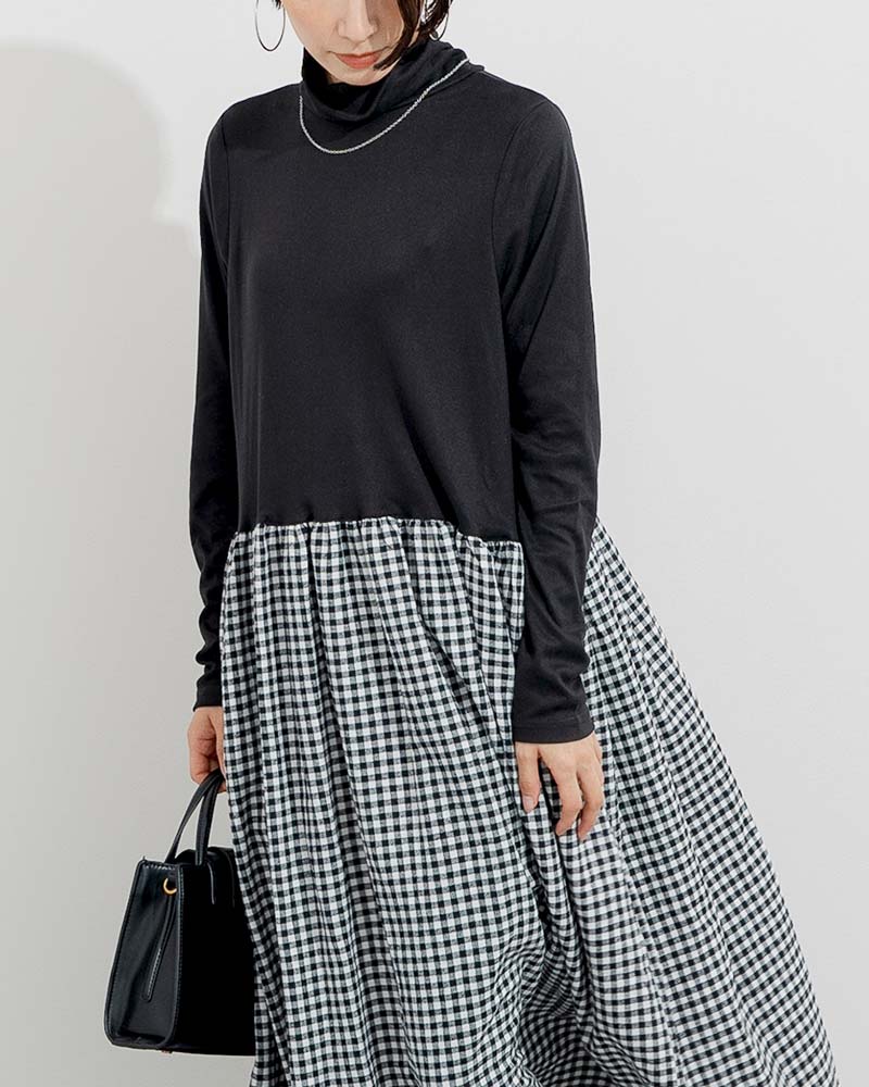 微起毛ハイネック＆ネルスカートドッキングワンピース