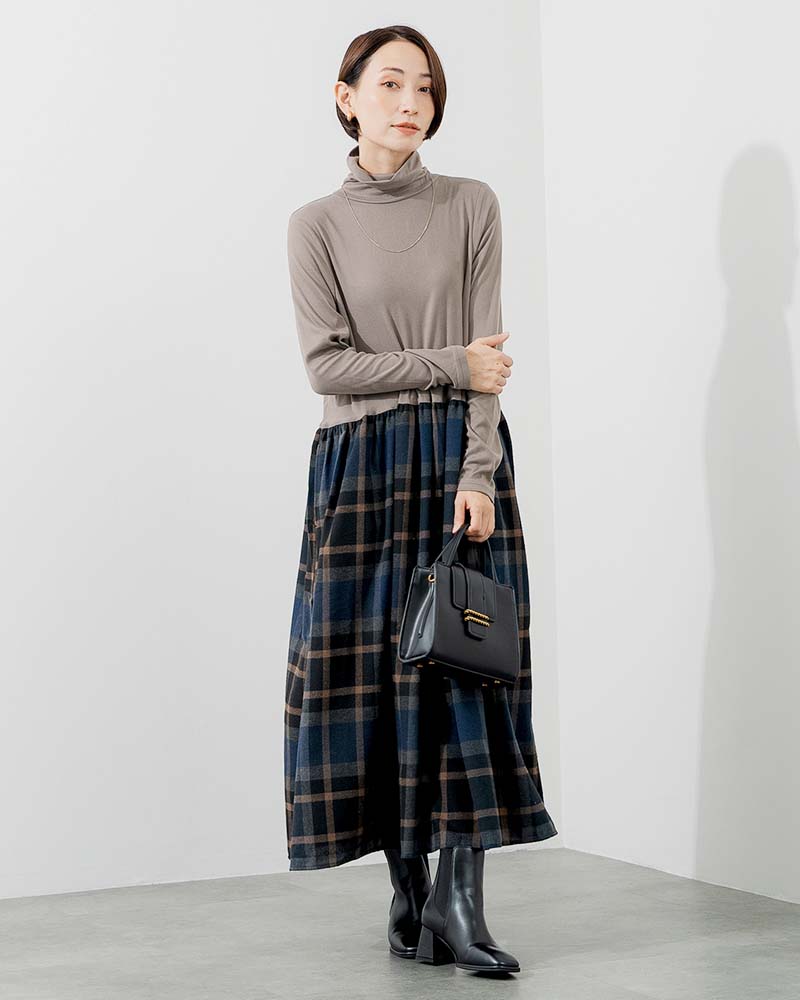 微起毛ハイネック＆ネルスカートドッキングワンピース