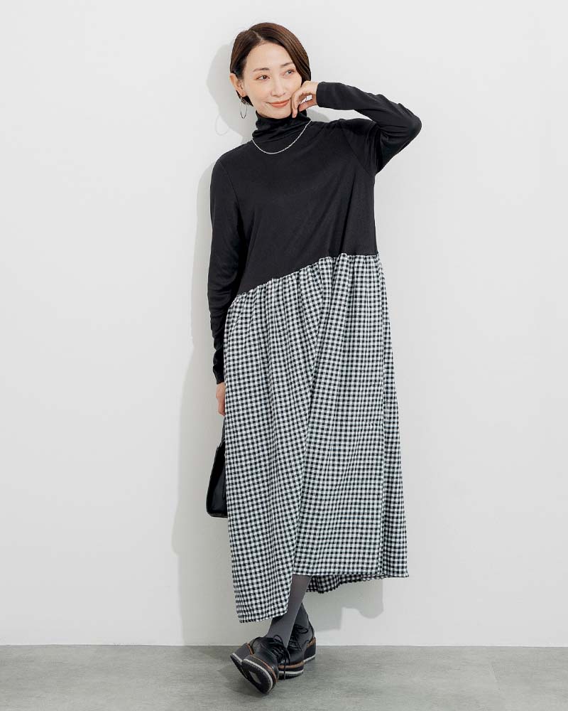 微起毛ハイネック＆ネルスカートドッキングワンピース