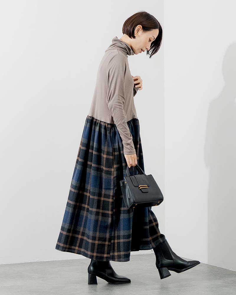 微起毛ハイネック＆ネルスカートドッキングワンピース