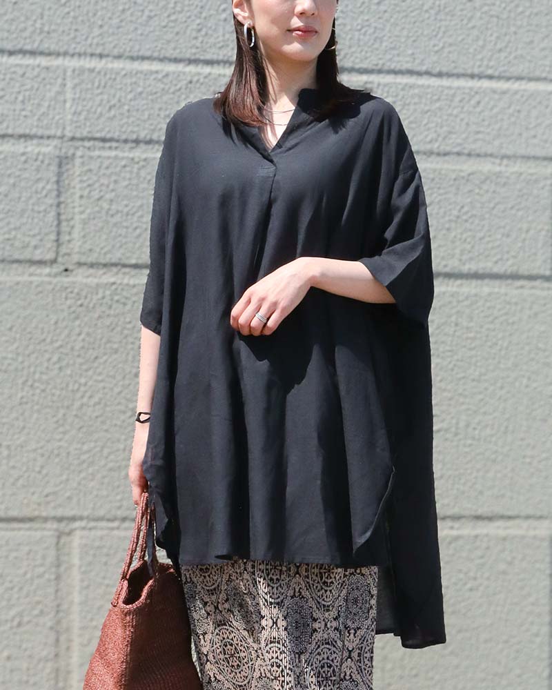 コットンリネン混リボンアクセントスキッパーブラウス