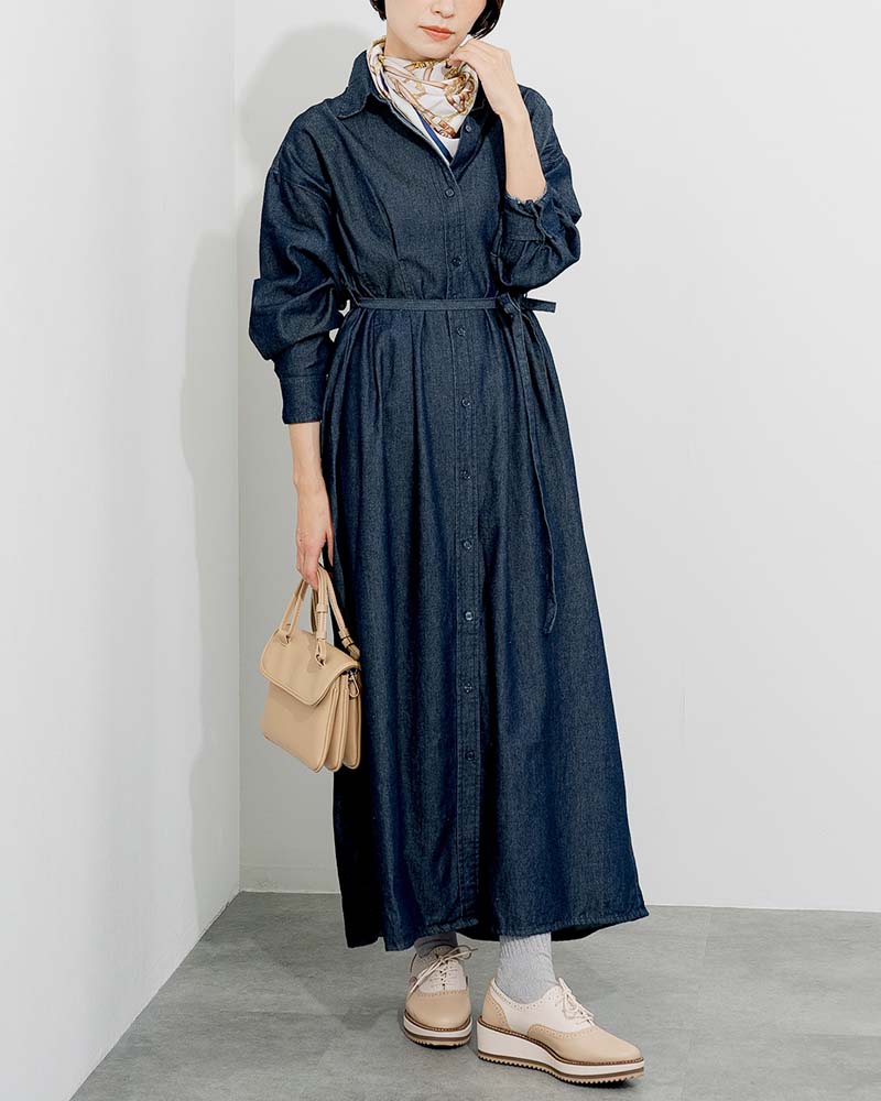 ウエストタックアクセントデニムシャツワンピース