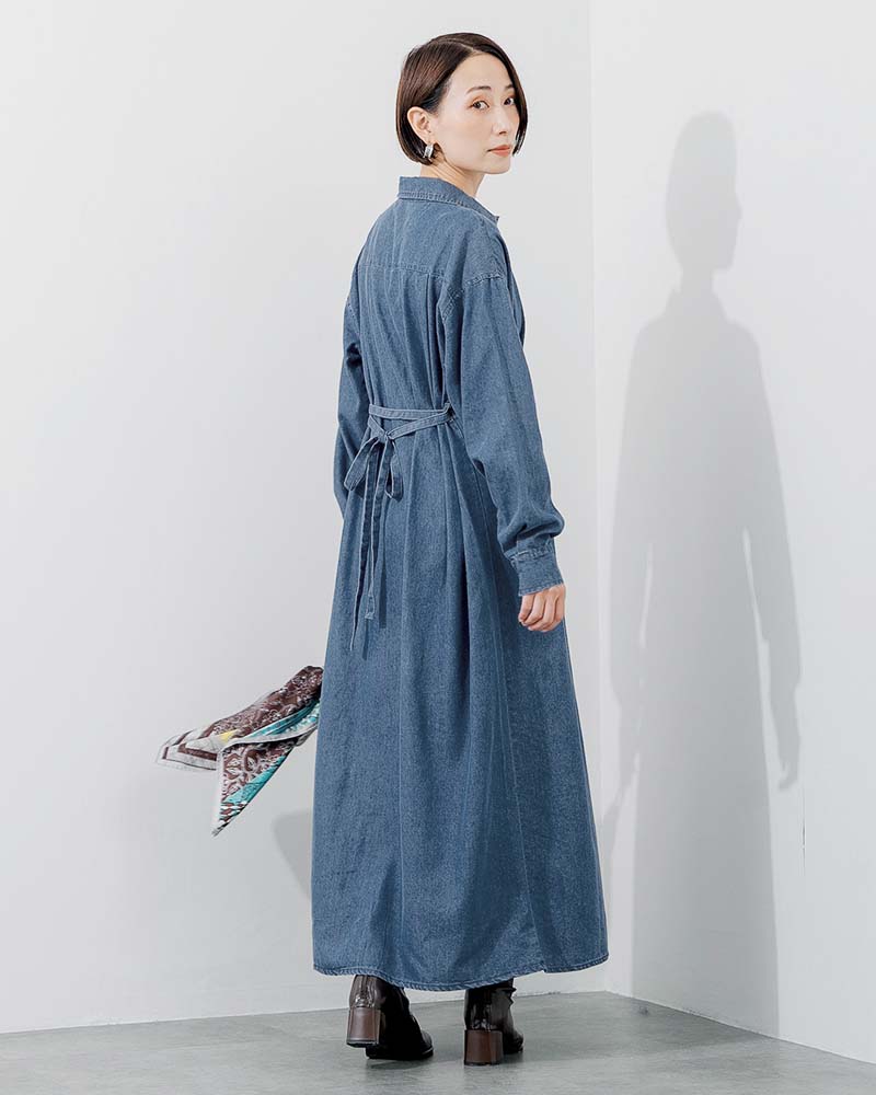 ウエストタックアクセントデニムシャツワンピース