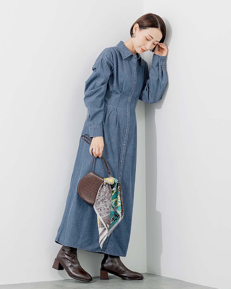 ウエストタックアクセントデニムシャツワンピース