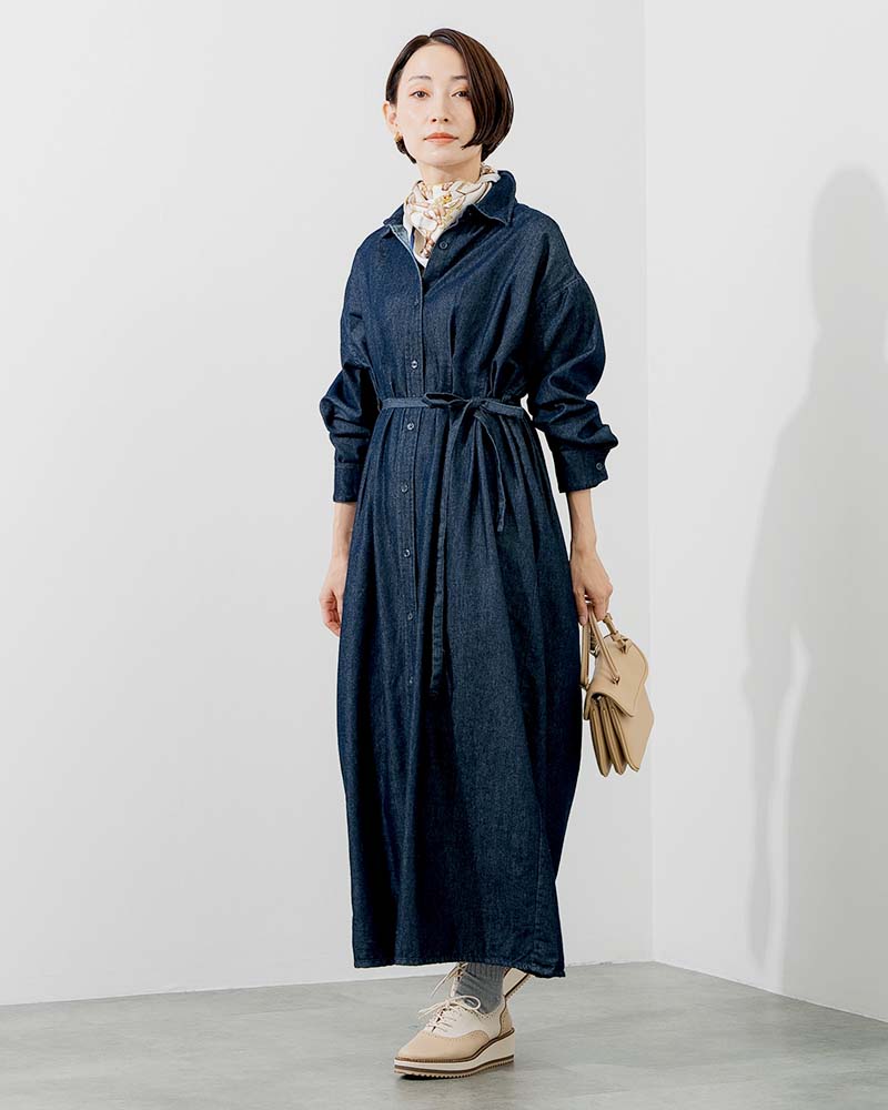 ウエストタックアクセントデニムシャツワンピース