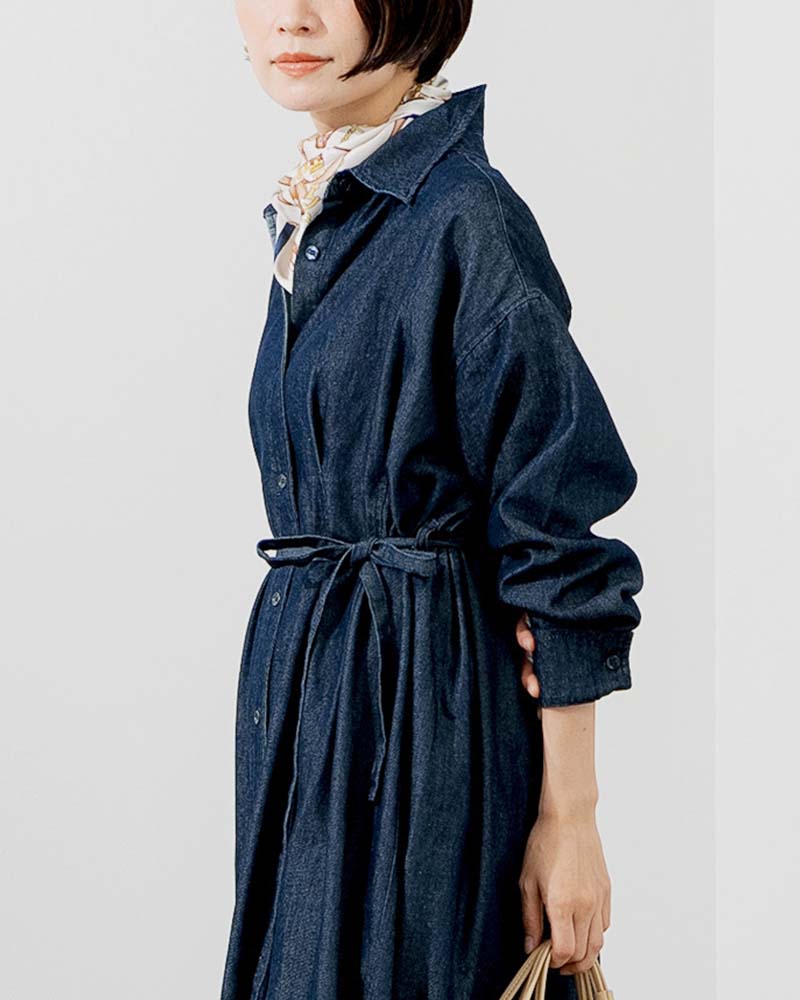 ウエストタックアクセントデニムシャツワンピース