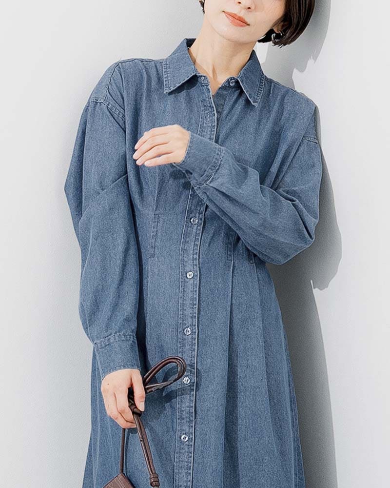 ウエストタックアクセントデニムシャツワンピース