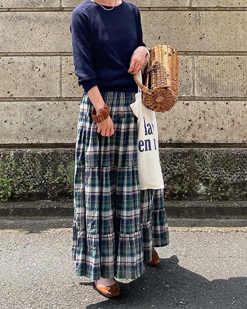 【Canaria Style】《即納》チェックティアード切替フレアースカート(インナースカート付き)