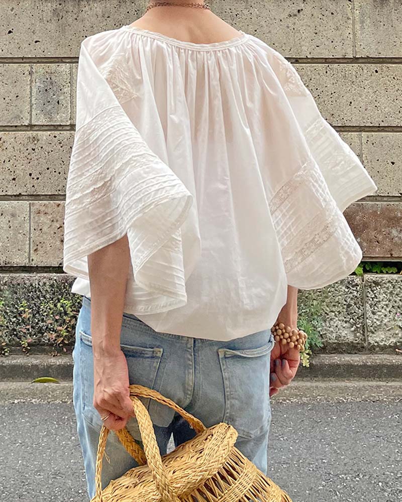 【Canaria Style】《即納》レース＆ピンタックドルマンブラウス（インナー付き）